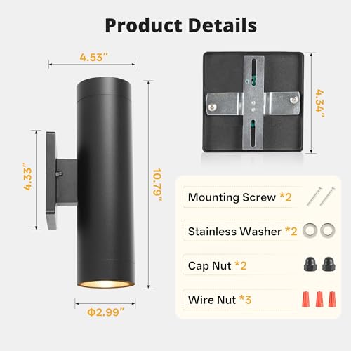 Image of Modern Outdoor Wall Light Fixtures, 2 Pack Integrated COB LED Cylinder Up Down Wall Sconce, 12W 3000K Matte Black Aluminum Waterproof Exterior Porch Lights for House Entryway Garage