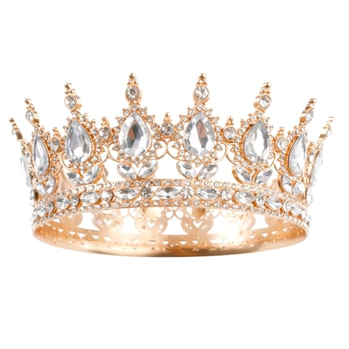 EXIN DECHEN Redonda Corona, Corona Cumpleaños Tiara Strass Dorado Brillante Coronas de Cristal Tiara Novia Retro Coronas Reina Princesa Tocado para Niñas y Mujeres Boda Fiesta de Cumpleaños