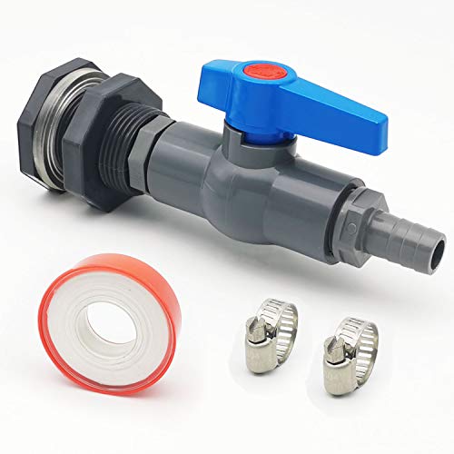 Da by Rain Barrel 3/4\" Bulkhead Fitting with Ball Valve PVC and Garden Hose Adapter Barb(for 5/8\" ID Hose) and Stainless Steel Pipe Clamps and Thread Seal Tape