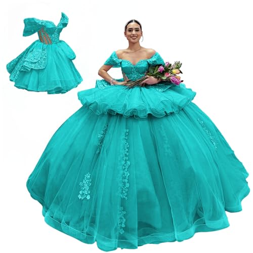 2 in 1 Quinceanera Dresses with Detachable Skirt 3D Floral Ball Gown Layered Tulle Lace Applique Sweet 16 Dresses