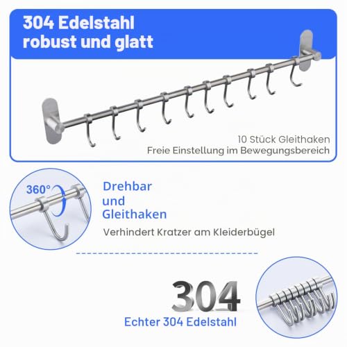 Kelelife Geschirr hängende Rack mit 10 abnehmbaren Haken keine Bohrung, Edelstahl Küche Schiene Pfanne Hanger Wandmontage Organizer für Werkzeuge, Handtücher, Töpfe, Mäntel, Hüte gebürstetes Nickel