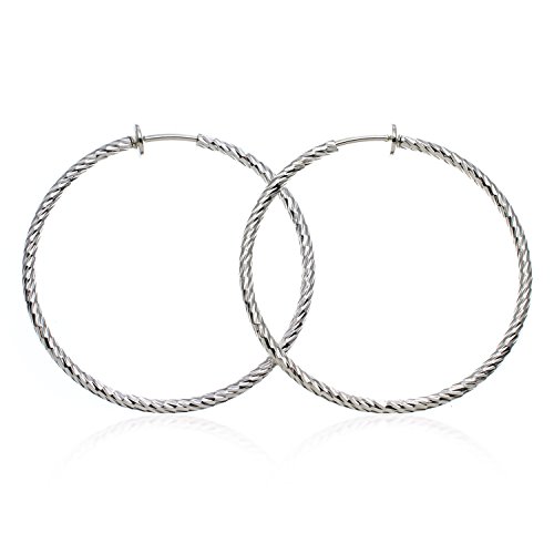 PammyJ Womens Medium Silvertone Textured Hoop Fashion CLIP-ON Earrings 1.5 inches