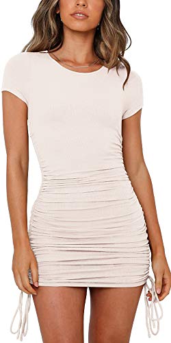 NENONA Women's Short Sleeve Summer Ruched Bodycon Mini Dress Side Drawstring Clubwear Casual Dresses(Apricot-M)