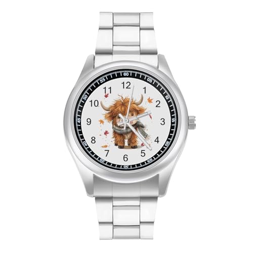 Fall Highland Cow Maple Leaves Watches Stainless Steel Band Wristwatch Business Dress Watch for Work Home