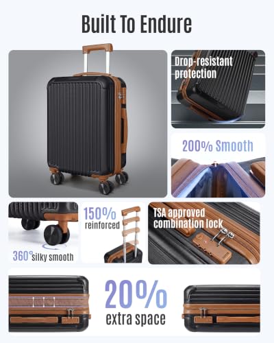 Image of LIGHT FLIGHT Carry On Luggage 22x14x9 Airline Approved, Black and Brown | Airline Approved, Hard Shell with Wheels, Expandable Hardside, Lightweight, TSA Lock