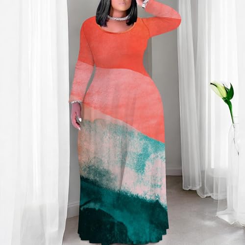Image of PinkPatty Plus Size Maxi Dress for Curvy Women Crew Neck Long Sleeves Casual Dress Vacation Sundresses with Pockets