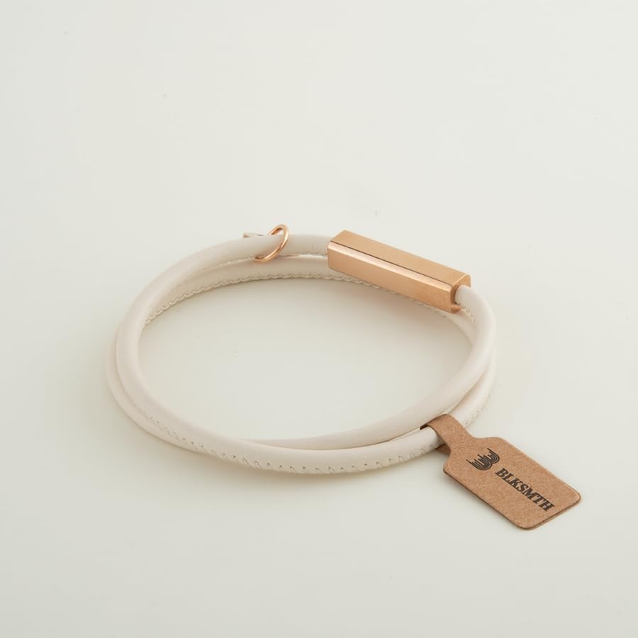 BLKSMTH Leather Wrap Bracelet, Ivory White, Rose Gold Plated, Double Layer, with Charm, 14.37 Inch