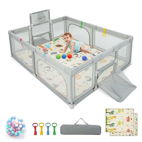 BABY JOY Baby Playpen with Double-Sided Mat, 186 x 156 cm Baby Playard w/Basketball Hoop, Soccer Nets, 4 Pull Rings, 50 Ocean Balls, Carrying Bag, Non-slip Suction Cups, Activity Center for Infants Toddlers, Gray