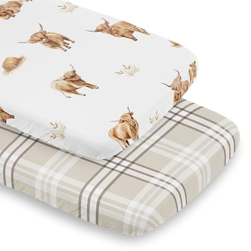 Image of Sweet Jojo Designs 2-Piece Baby Bassinet Sheets Set (Boho Highland Cow) for Girls /Boys, Infant Newborn Nursery, Oval, Rectangle & Hourglass Mattress (Taupe Plaid & Farm Animal, Watercolor, Farmhouse)