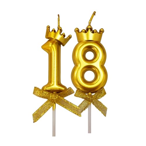Image of 2 Pc 18 Number Candle for Birthday Cake Metallic Gold Number Candle with Crown on Top for Anniversary Cake Topper 18th Birthday Cake Decoration (Pack of 2, Gold).
