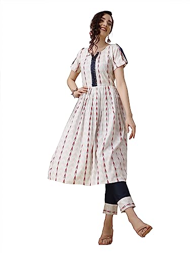 Image of EthnicJunction Women's Pure Cotton Self Weaving A-Line Kurta & Pant Set