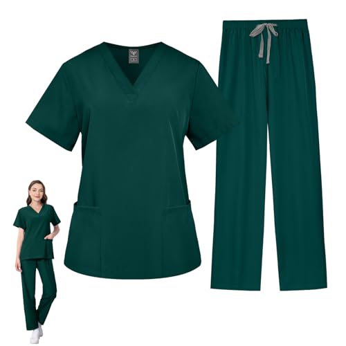 QEEROYO Uniformes Sanitarios Mujer, Uniforme Enfermera Conjunto Casaca y Pantalón, con Casaca y pantalón, Médico, Enfermera, Sanitario, para Cuidado de la Ropa de Trabajo, Verde, M
