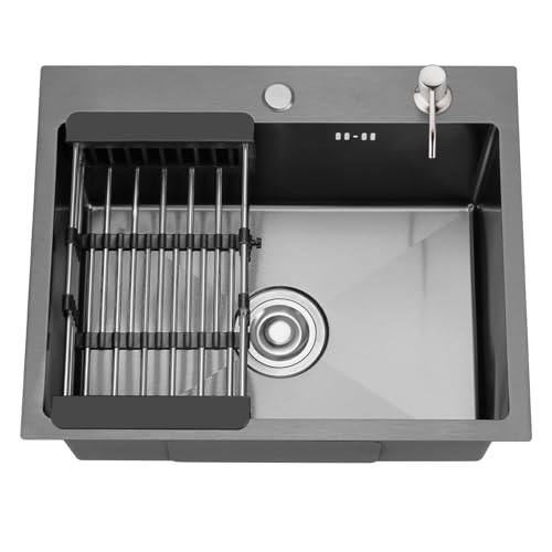 DEWINNER noxidable Fregadero Cocina 1 Seno 55 x 45cm, Sobre Encimera,con Cesta de Filtro Extensible,Dispensador de jabón，Filtro de Drenaje