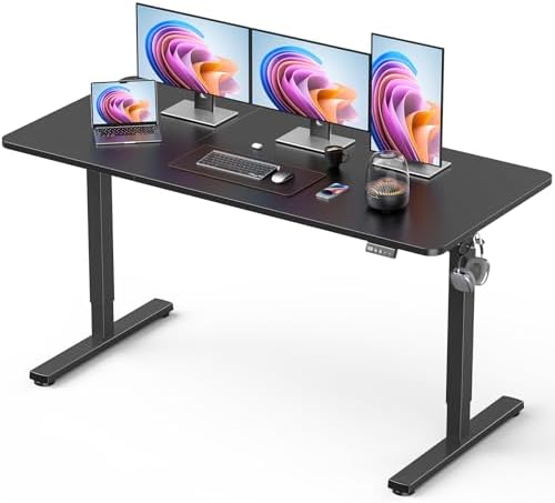 Mesa de pé, mesa de pé elétrica ajustável de grande altura, mesa de escritório em casa de 139 x 61 cm, com placa de emenda, moldura preta/parte superior preta