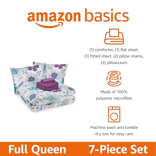 Image of Amazon Basics 7-Piece Microfiber Kid's Comforter Bed-in-a-Bag Bedding Set with Sheets, Full /Queen, Bluish Flowers