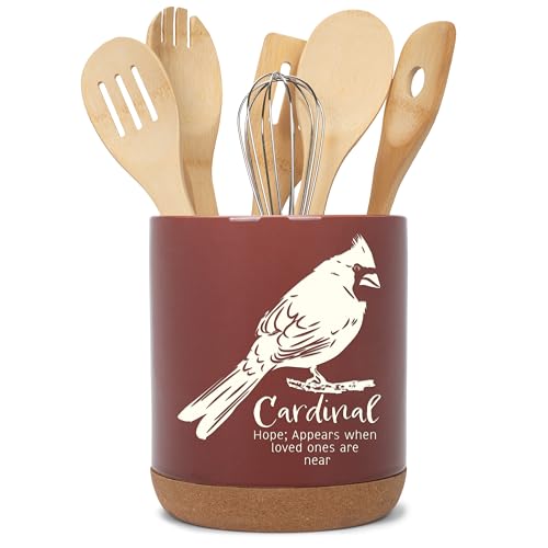 Elanze Designs Cardinal Hope Appears Loved Ones Are Near Bird X-Large Cork Bottom Ceramic Stoneware Utensil Holder, Spatula Caddy, Crock Container, Kitchen Storage Organizer Home Décor, Burgundy Red