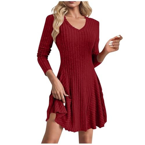Maayoae Women's Ruffled V‑Neck 3/4 Length Sleeve Ribbed Knit Dress Flowy Flare Hem Sweater Dress - image 1