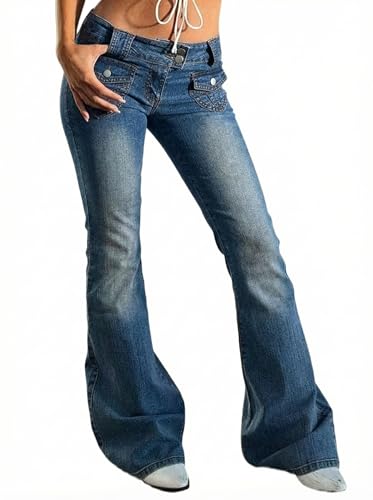 Image of Women's Stretch Low Rise Double Button Elastic Skinny Vintage Flare Jeans