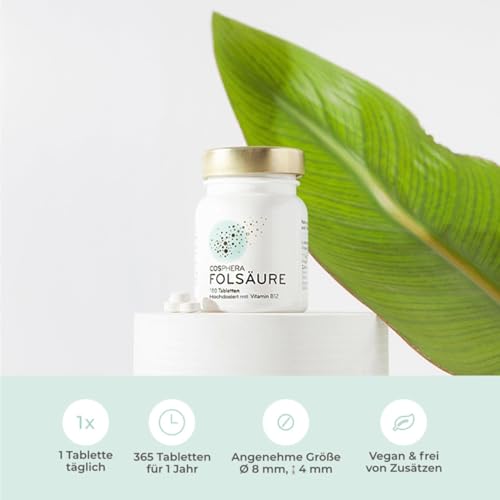 Folsäure Tabletten - Hochdosiert mit 800 μg Folat und 25 μg Vitamin B12 pro Tablette - 180 vegane Tabletten im 6-Monatsvorrat - Mit 5-MTHF, dem best verwertbaren Vitamin B9