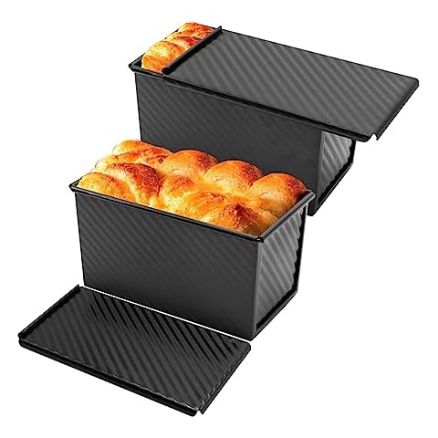 DUZFOREI 2pcs Loaf Pan with Lid,1lb Non-Stick Bread Pan, Bakeware Durable Carbon Steel Corrugated Bread Toast Box, Black Mold, Perfect for Pound Cakes, Baking Breads and Meatloaf Cover