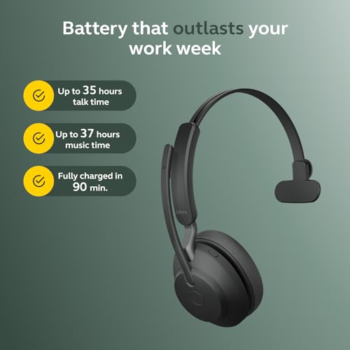 Jabra Evolve2 65 Bluetooth Wireless Headset with Mic for Calls and Music, Single-Ear Headphones with USB-C Adapter, Up to 37 Hours Battery, Works with Online Meeting Apps, Black by Jabra - Image 6