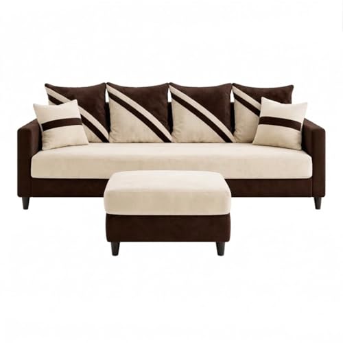 Image of SLEEPIFY Canza 4 Seater Sofa Set with Ottoman (Dark Brown - Cream) | Premium Soft Velvet | Plush Comfort Cushions | Modern Living Room Sofa | Spacious Comfortable Seating