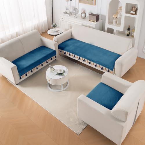 Image of HOKIPO Premium Holland Velvet Sofa Cover 6 Seater Set - Washable 3+2+1 Sofa Cover Mat with Tassel | 'TasselTone Series' | Sea Blue (IN-1108+1106+1104-BL)