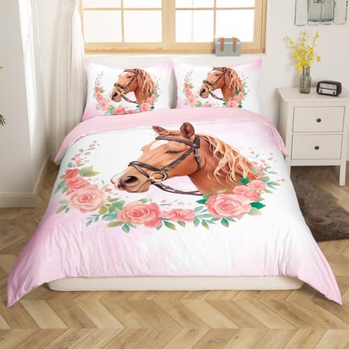Homemissing Cheval Parure de Lit Fleur Rose imprimé Housse de Couette 200x200cm Fille Chambre à Coucher décoration Animaux thème Ensemble de literie...