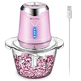 Food Processor 6000mAh Cordless Vegetable Chopper with 5 Cup Glass Bowl, Electric Garlic Meat Choppers BPA-free Baby Food Processors Blender Small Kitchen Mixer Mincer with 4 Blades, 2 Speeds (Pink) - Image 1