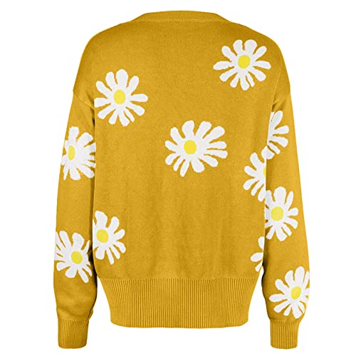 Cute Daisy Flower Cardigan Sweaters Women Teen Girls Long Sleeve Open Front Y2K Tops Fashion V Neck Knitted Outerwear3