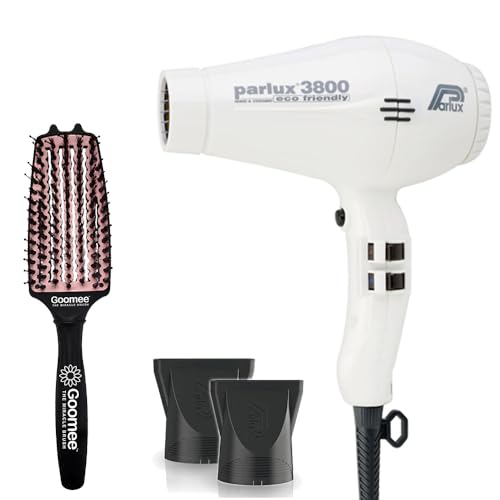 Parlux 3800 Eco Friendly Ionic and Ceramic White Hair Dryer and Miracle Detangling Brush Medium Size Nylon & Boar Bristles for All Hair Types – Blush Pink