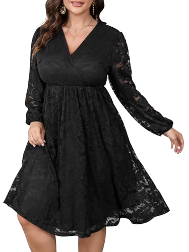 Womens Plus Size Lace Midi Dress V Neck Wrap Long Sleeve Flowy A line Cocktail Dresses for Wedding Guest