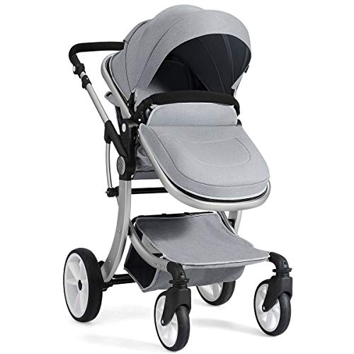 GOPLUS Cochecito plegable para bebé de 0 a 36 meses, 2 en 1 cochecito reversible con asiento y asa ajustables, toldo extraíble, arnés de 5 puntos, mosquitero, transporte fácil, carga 25 kg (Gris)