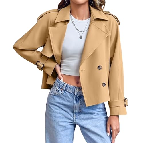 Cropped Jacket Women Crop Double Breasted Trench Coat Raglan Sleeve Casual Work Office Cropped Jacket with Pockets