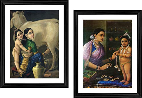 Image of Adventures� *Yashoda and Bal-Krishna*- Two Paintings by Raja Ravi Varma, Set of 2 Wall D�cor Frames. Matt Satin Print with MDF & 1 inchPS Black Frame. Size 14 inchx18 inch each.