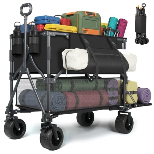 Double Decker Wagon 400L Large Capacity & 600LBS Foldable Utility Cart 54 Extra Long Collapsible Heavy Duty Wagon with All-Terrain Big Wheels for Beach Camping Sports & Gardening