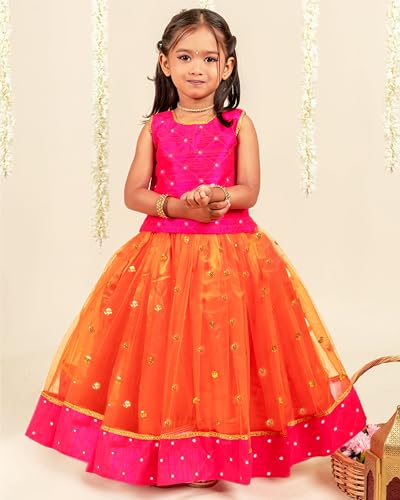 Stanwells Kids Girls Orange & Magenta Mirror Work Flared Net Sleeveless Lehenga Choli Set Pattupavadai for Girls (2–3 Years) - Image 2 thumbnail