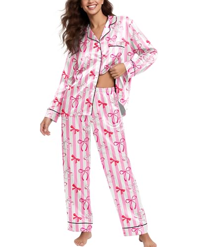 Mutkirapup Silk Pajamas for Women Satin Pjs Sets 2 Piece Pink Bow Loungewear Soft Long Sleeve Button Down Cozy Ladies Sleepwear L