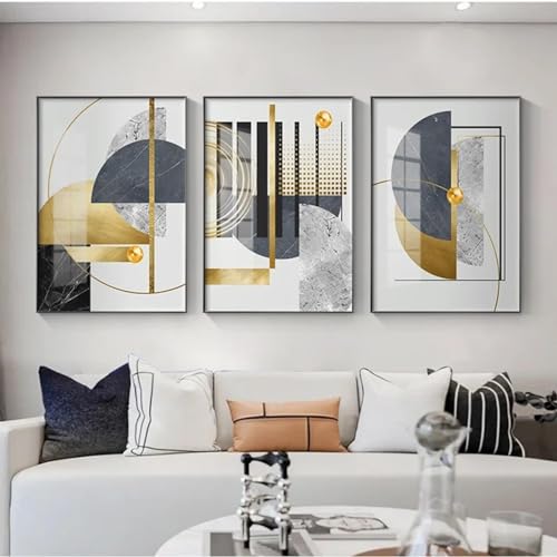 Toile géométrique dorée pour habiller un grand mur vide, triptyque moderne 60x80 cm avec cadre