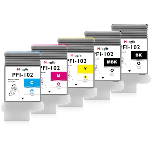 PFI-102 Ink Cartridge PFI 102 Pigment Ink Tank Bundle Replacement for Canon imagePROGRAF iPF500 iPF510 iPF600 iPF605 iPF610 iPF650 iPF655 iPF700 iPF710 iPF720 iPF750 iPF755 iPF760 iPF765, 130ml 5-Pack