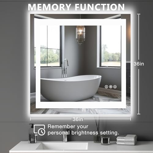 Image of NEWBULIG 36X36 Inch LED Bathroom Wall Mirror with Lights, Light up Vanity Bathroom Mirror for Over Sink, Anti-Fog and Dimmable, Front Light and Backlit, Memory Function, Shatter-Proof, White