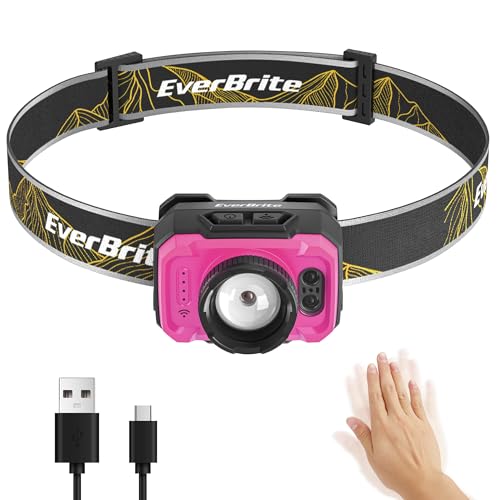 EverBrite 600 Lumen Headlamp, Rechargeable Headlight with 4 Modes, Super Bright Head Lamp with Spotlight & Floodlight, Motion Sensor, Memory Function for Camping, Hiking-Pink Rose Pink