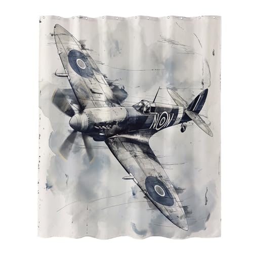 Winteriew Cool Aircraft Shower Curtain Black and White Airplane Art Theme Small Window Curtain Bathroom Decor Set with Hooks Waterproof Washable 72 W x 72 H Inches