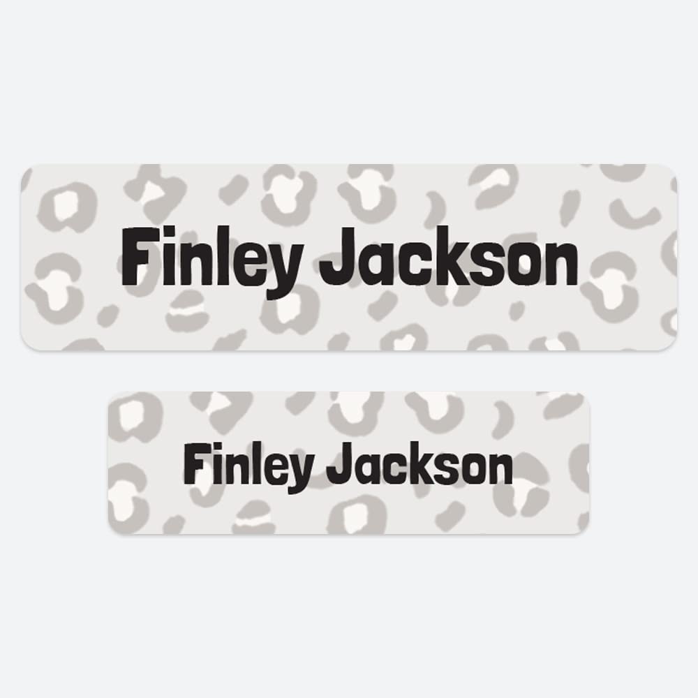 50 x No Iron Personalised Stick On Waterproof Washable Name Labels Great for Clothes, School Uniform, Equipment, Shoes. School, Nursery, Day Care, Hospital - Leopard Spots Grey