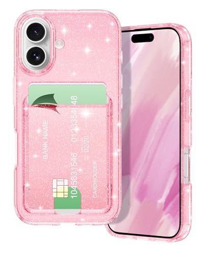 Coque protection iPhone 16 fine anti-rayure avec rangement carte rose paillettes