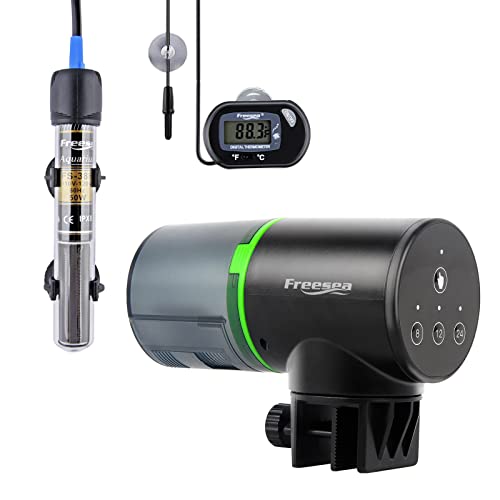 FREESEA 25Watt Aquarium Heater with Aquarium Submersible Thermometer and Aquarium Automatic Fish Feeder
