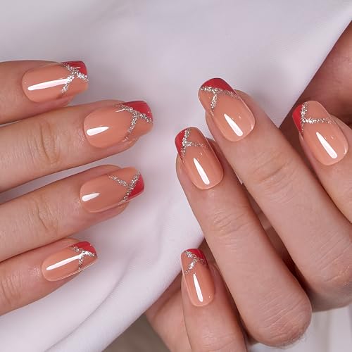 CurvLife Medium Square French Tip Fall Press On Nails, Mosaic Glow Orange