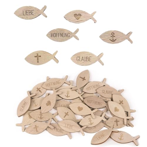 ZORVUJI 60 Stück Tischdeko Kommunion Konfirmation Taufe Holzfische Streudeko DIY Dekoration mit Kreuz Herz Anker für Junge Mädchen Taufdeko Konfetti zum Basteln