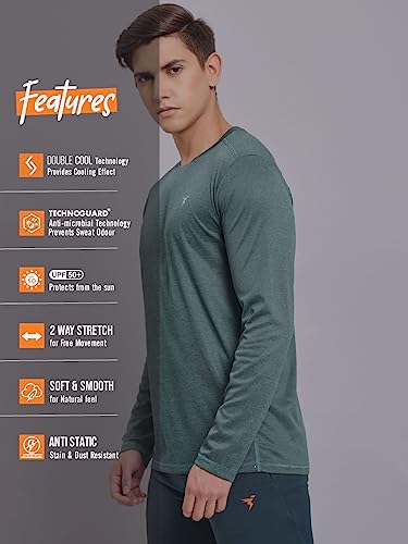 Image of TECHNOSPORT Men's Slim Fit Full Sleeve Round Neck T-Shirt, Double Cool Quick Dry Moisture Wicking Stretchable Sports Gym and Casual Wear
