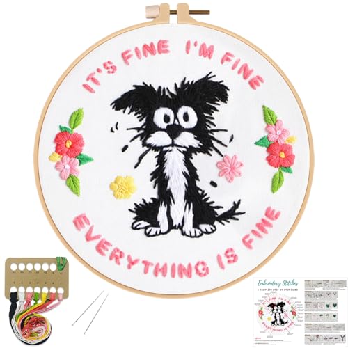 Image of Louise Maelys Funny Dog Embroidery Kit for Beginners Floral Craft | Cross Stitch Kits with Pre-Printed Fabric, Embroidery Hoop, Threads, Needles and Guide. Needlepoint Kit for Beginners